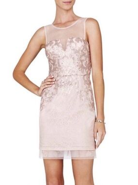 BCBGMaxAzria Blush Lace Sheath Dress with Illusion Yoke
